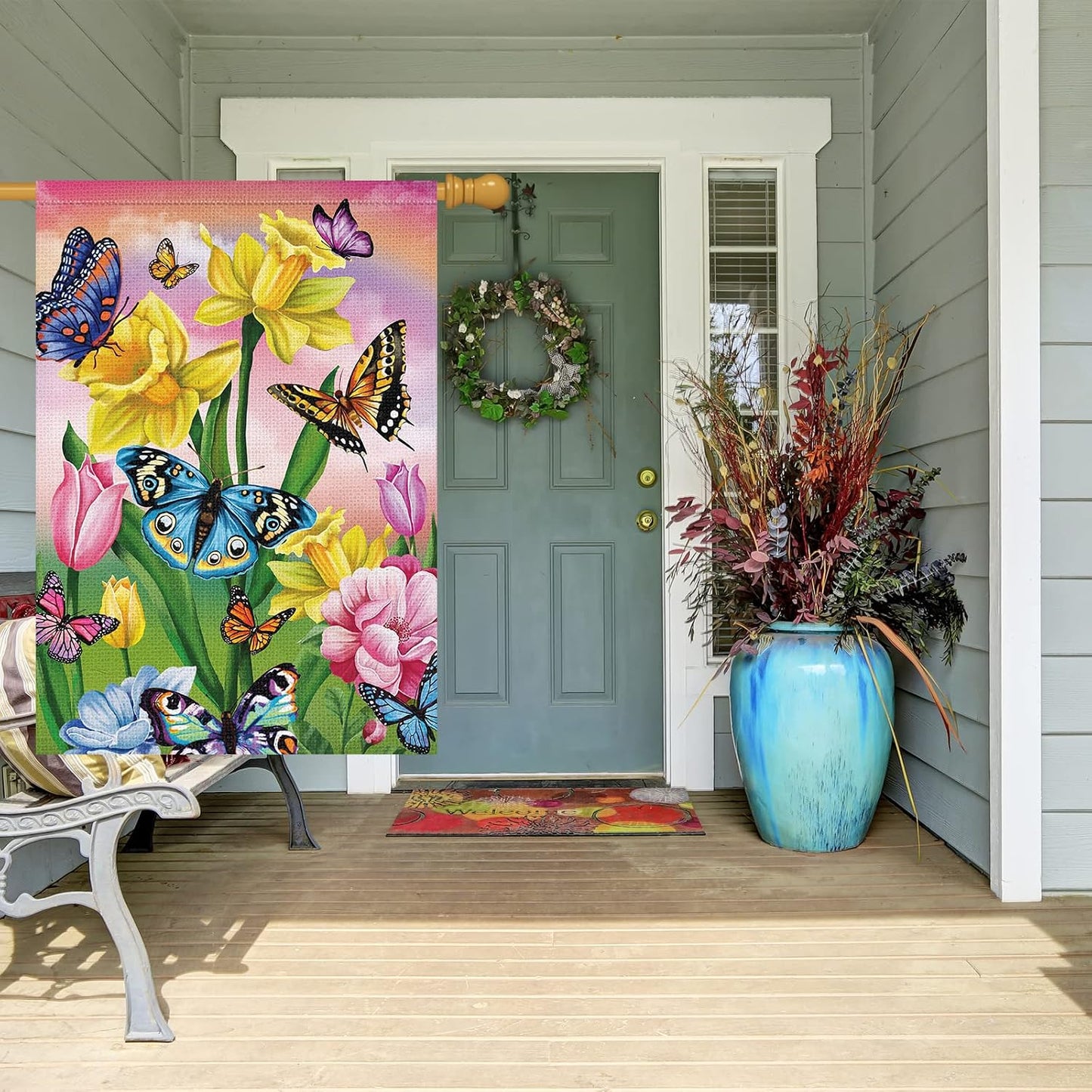 Bandera jardín 28x40pulg doble cara arpillera flores