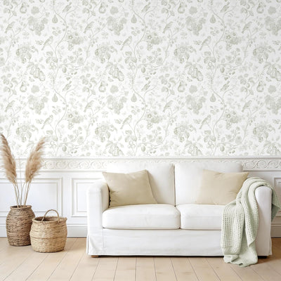 Papel tapiz floral beige extraíble 17.7x354pulg