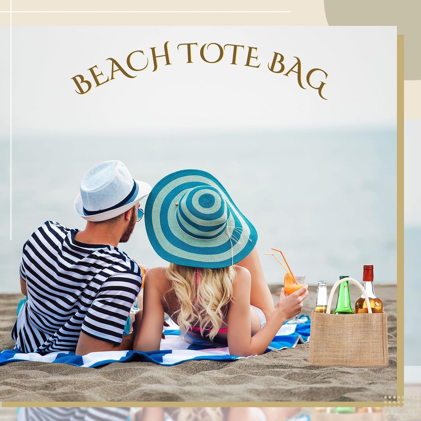 12 Pzas Bolsas Yute Reutiliz. con Asas Blanco Impermeable