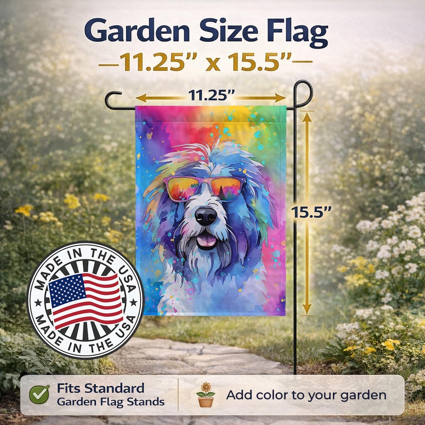 Bandera jardín perro pastor inglés hippie dawg multicolor