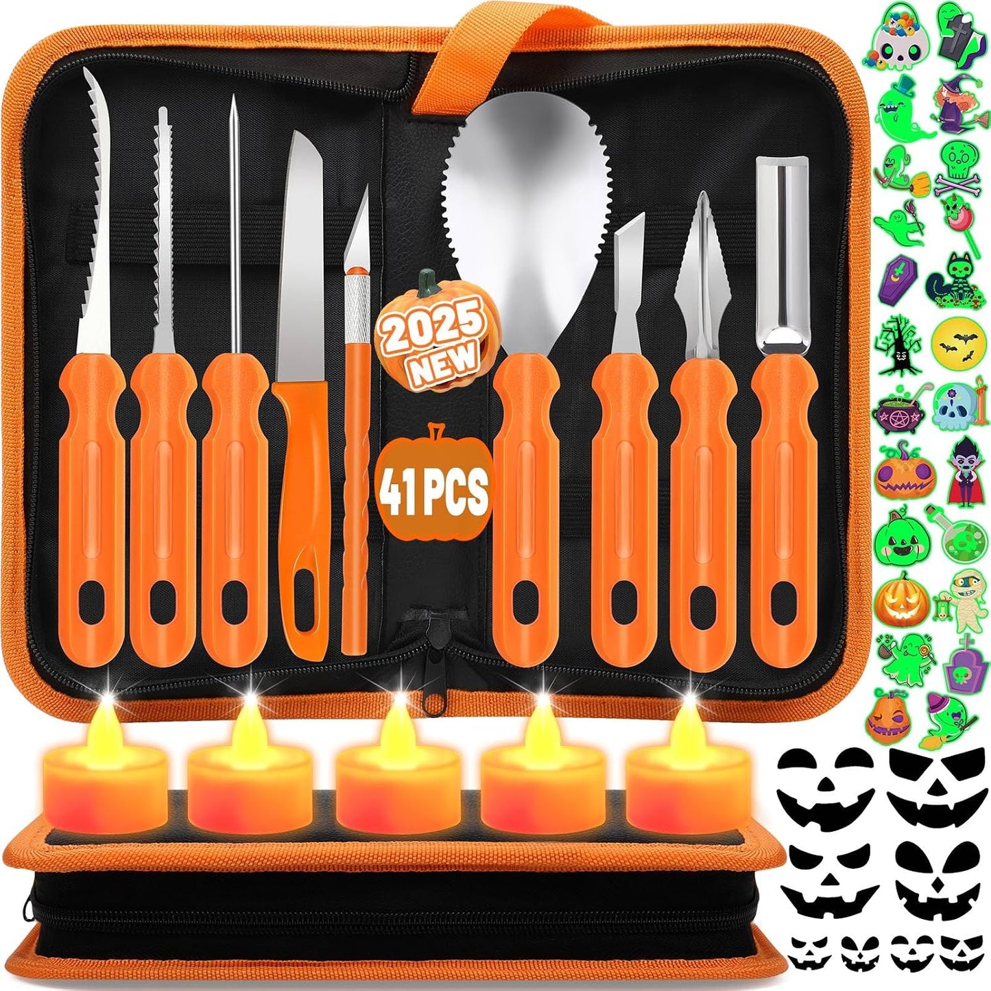 Kit tallado calabaza 41 pzas acero inox con velas LED