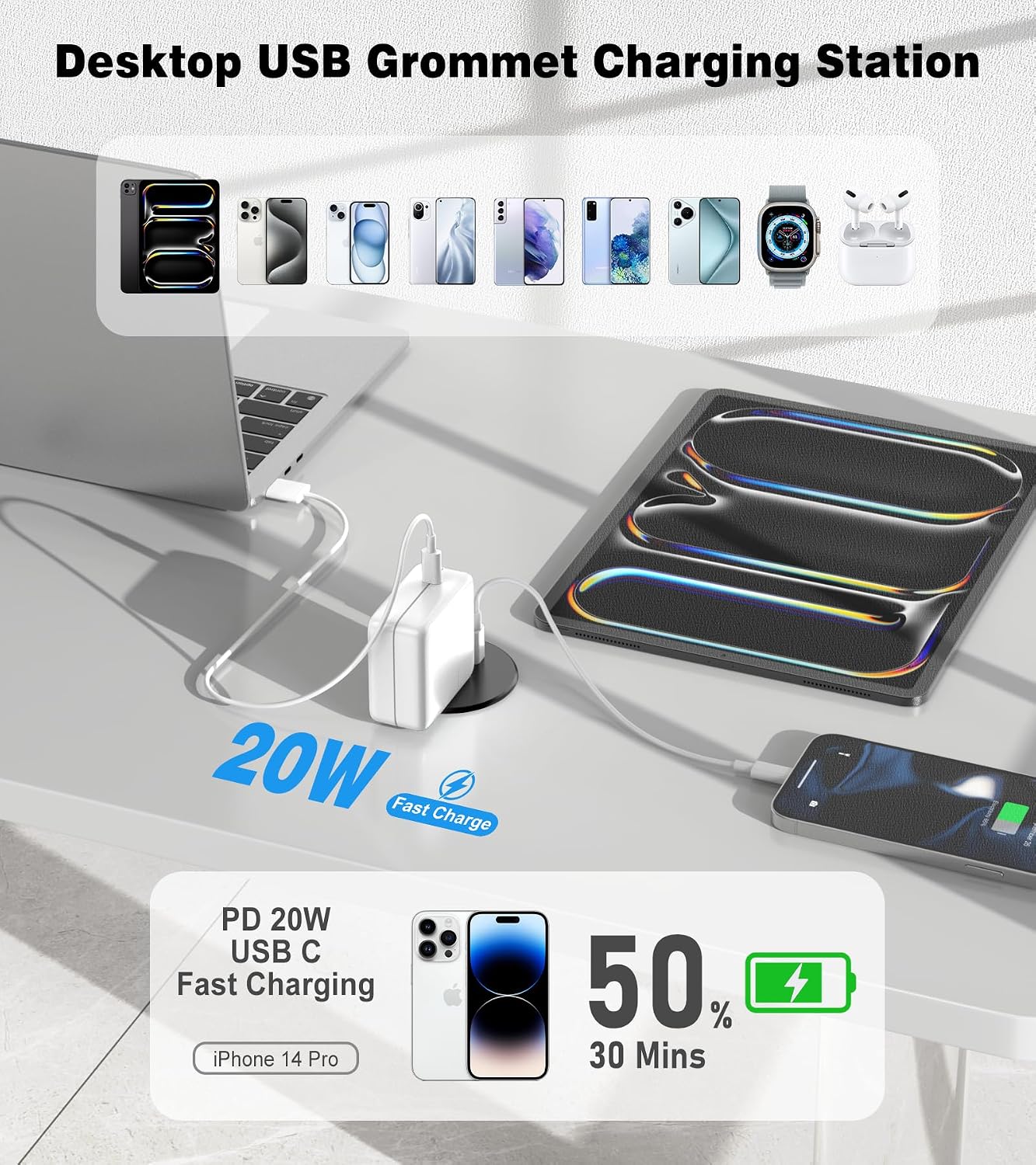 Toma corriente escritorio 2.5pulg USB-C 20W negro 10ft