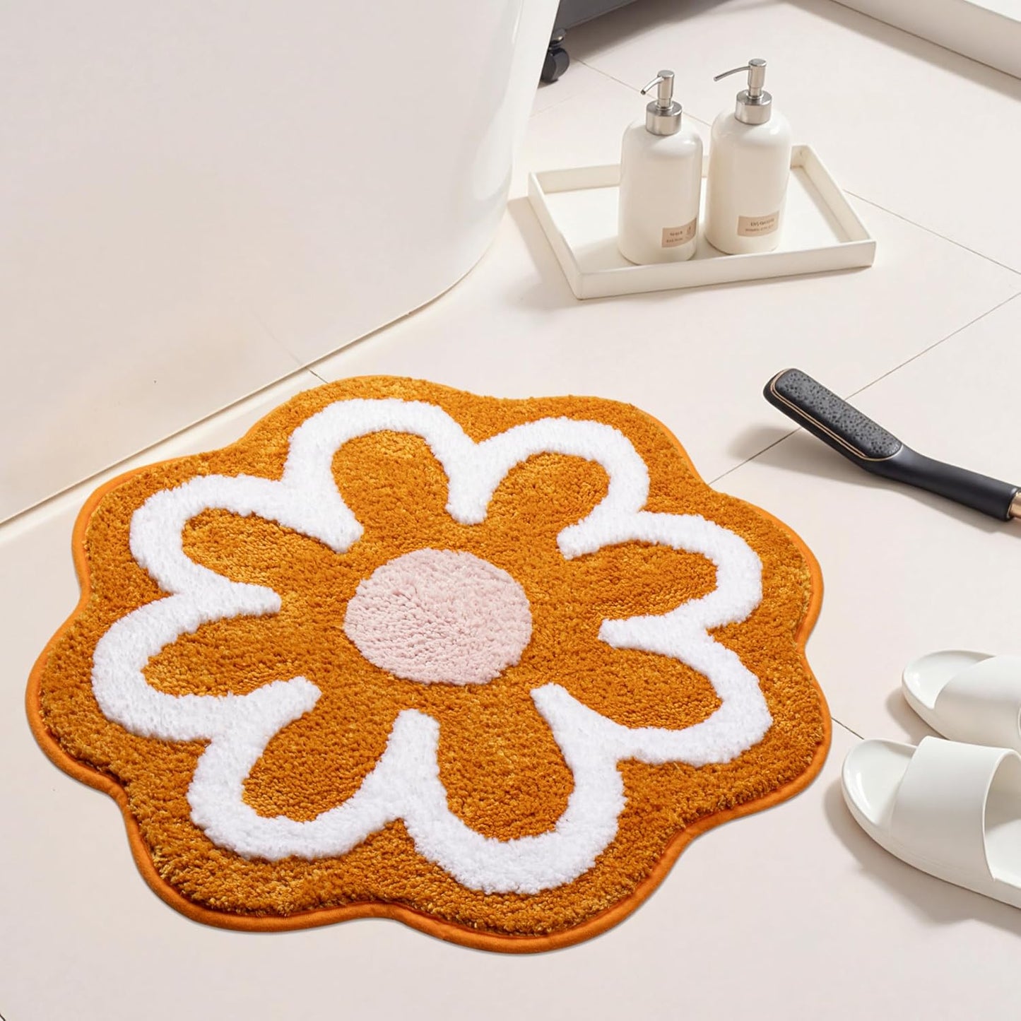 Alfombra baño flores naranja microfibra antiderrap