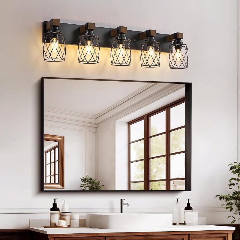 Lámpara tocad. baño estilo granja 5 luces madera negra metal