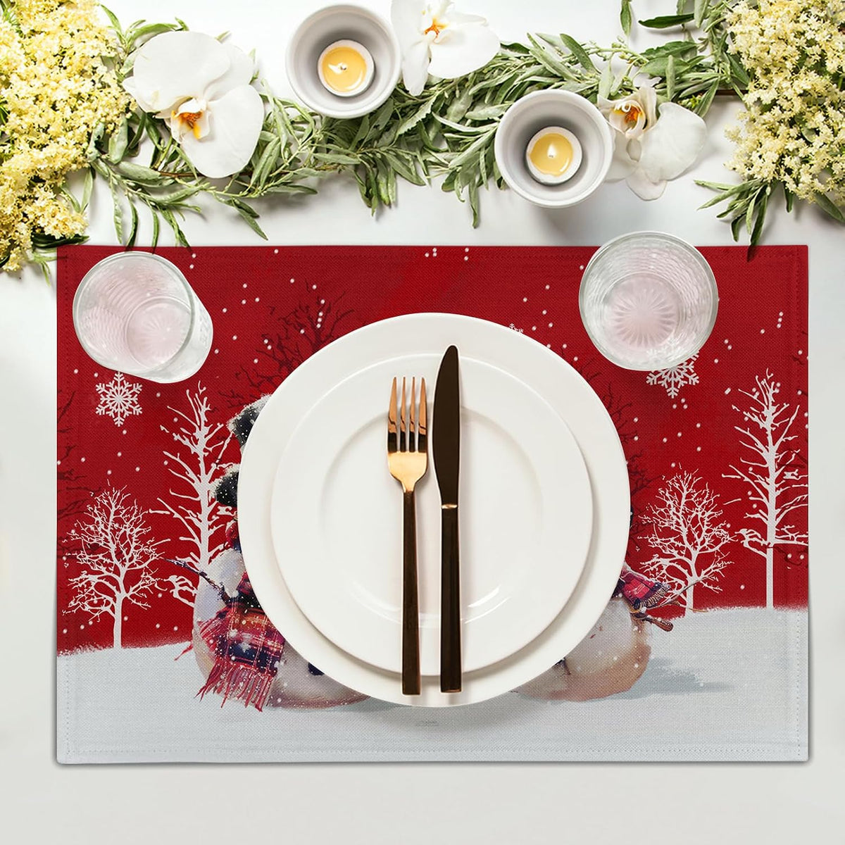 4 Manteles Lino Rojos con Muñeco Navidad 12x18pulg