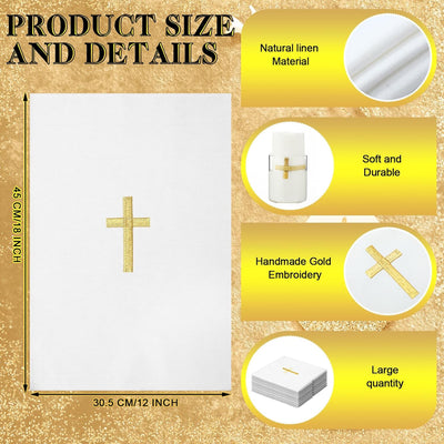 Paquete de 4 purificadores de lino bordados con cruz dorada, tela altar blanco para misas católicas