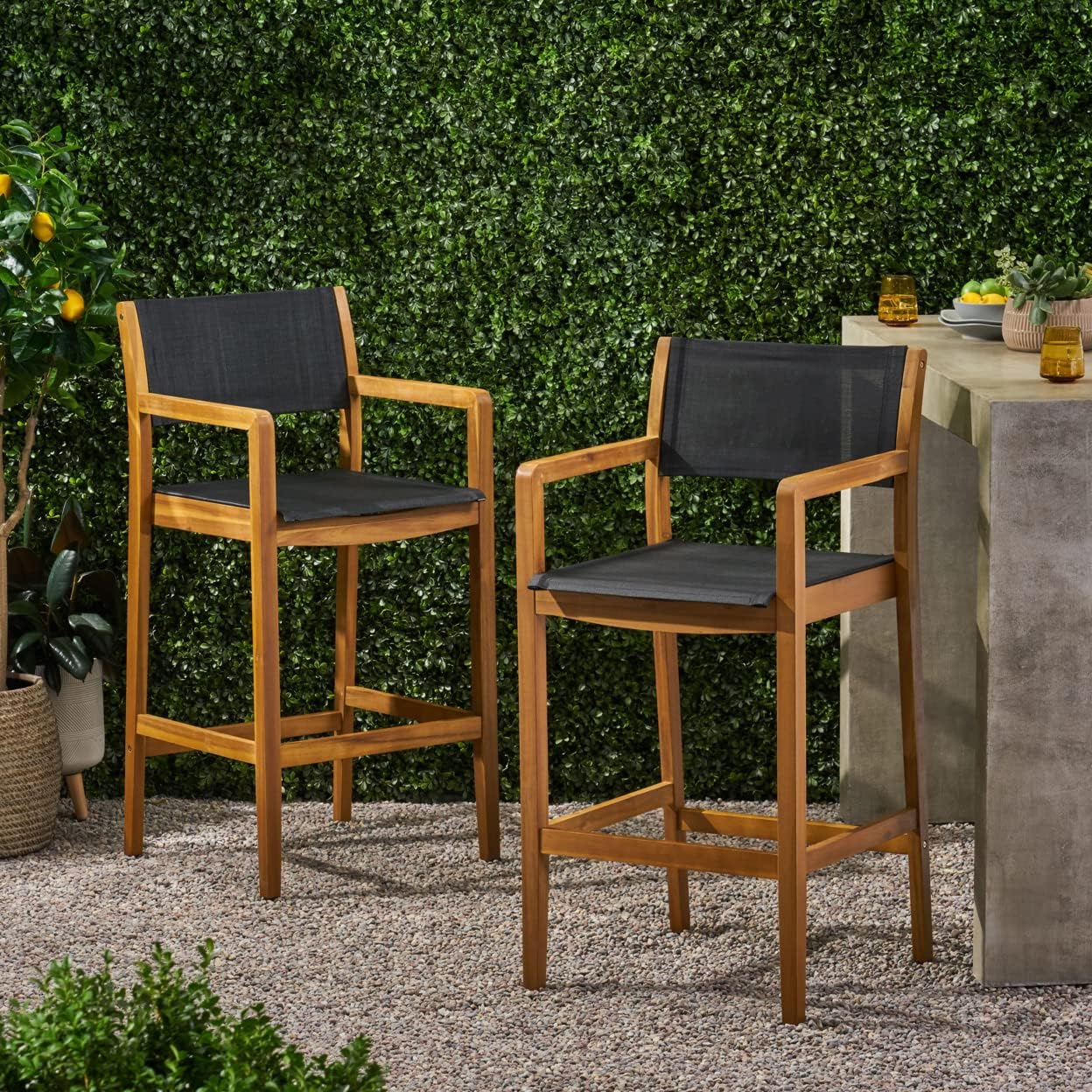 Taburetes acacia malla exterior set 2 teca y negro