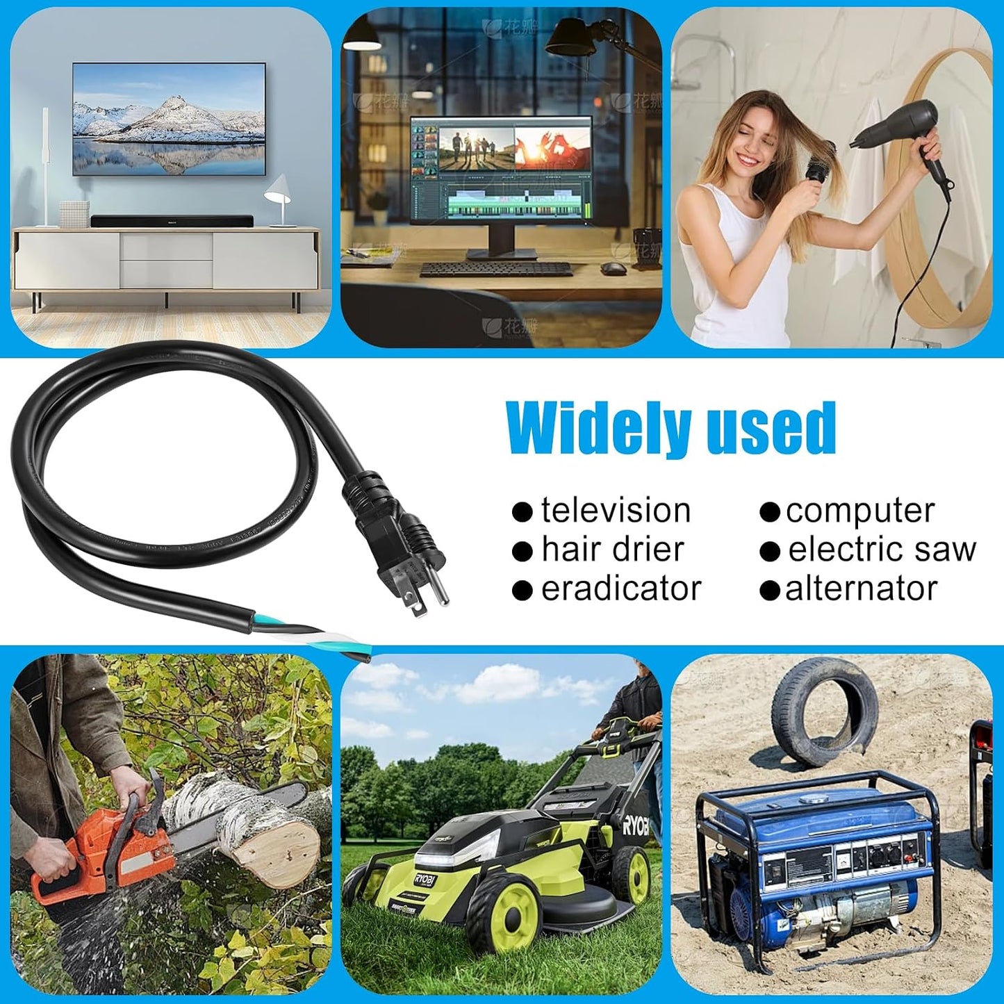 Cable alimentación universal 6ft 3 clavijas 12AWG negro