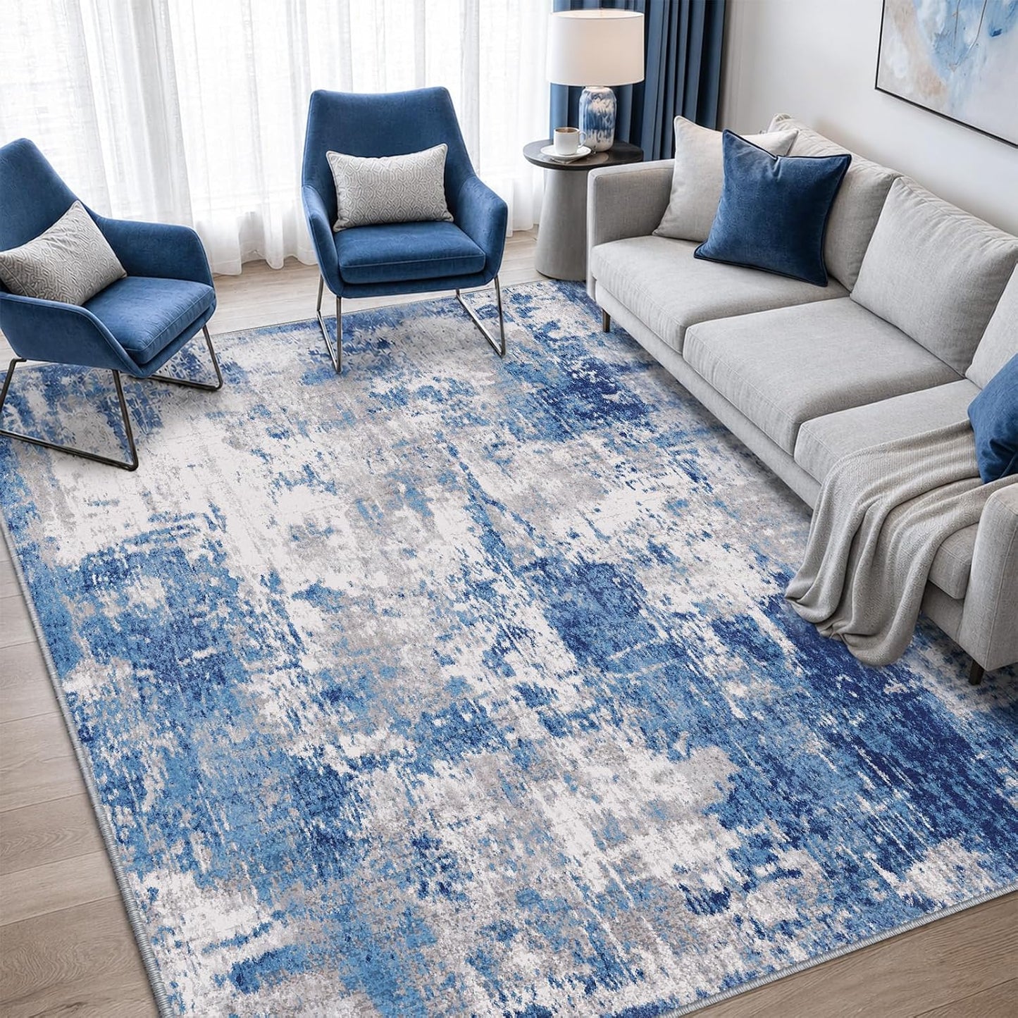 Tapete antiderrap lavable sala dormitorio azul gris