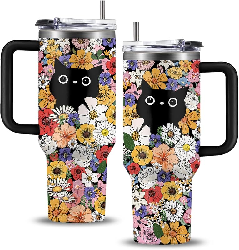 Vaso 40oz con gatos y flores vintage para amantes de gatos