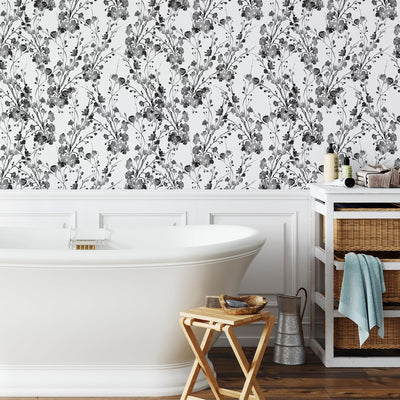 Papel tapiz floral bohemio blanco y negro 17.7x118pulg