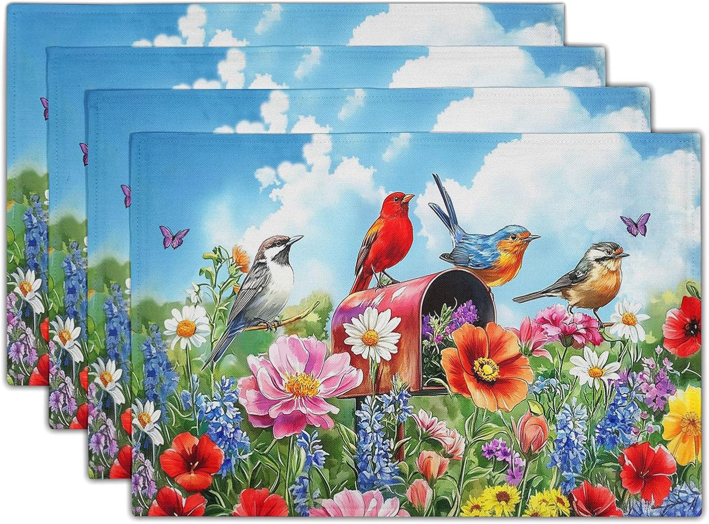 4 Manteles Rectangulares 12x18pulg Diseño Pájaros y Mariposas