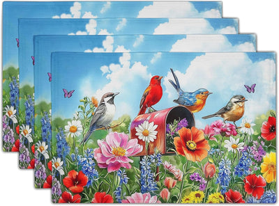 4 Manteles Rectangulares 12x18pulg Diseño Pájaros y Mariposas