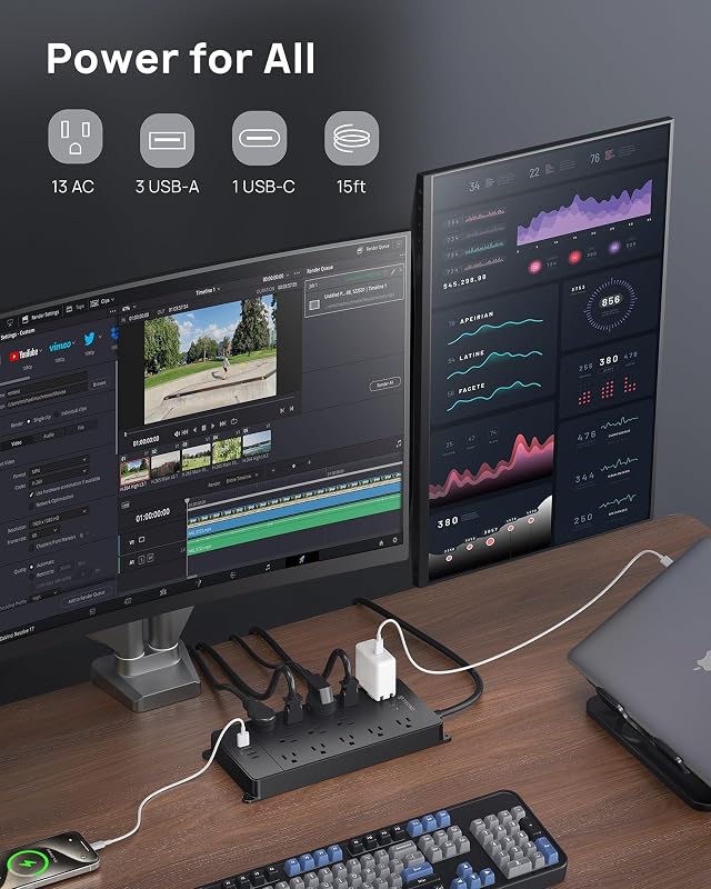 Regleta alimentación con USB C 13 tomas 15 ft 4000 julios