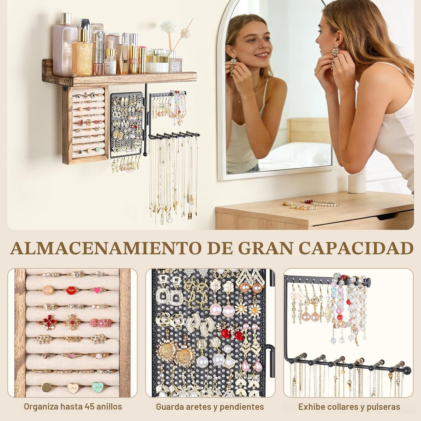 Organiz. joyas colgante madera rústica con estante