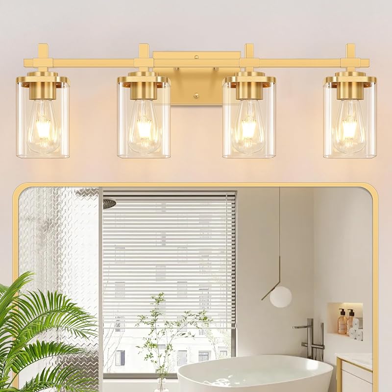 4 Luces baño doradas sobre espejo con pantalla vidrio