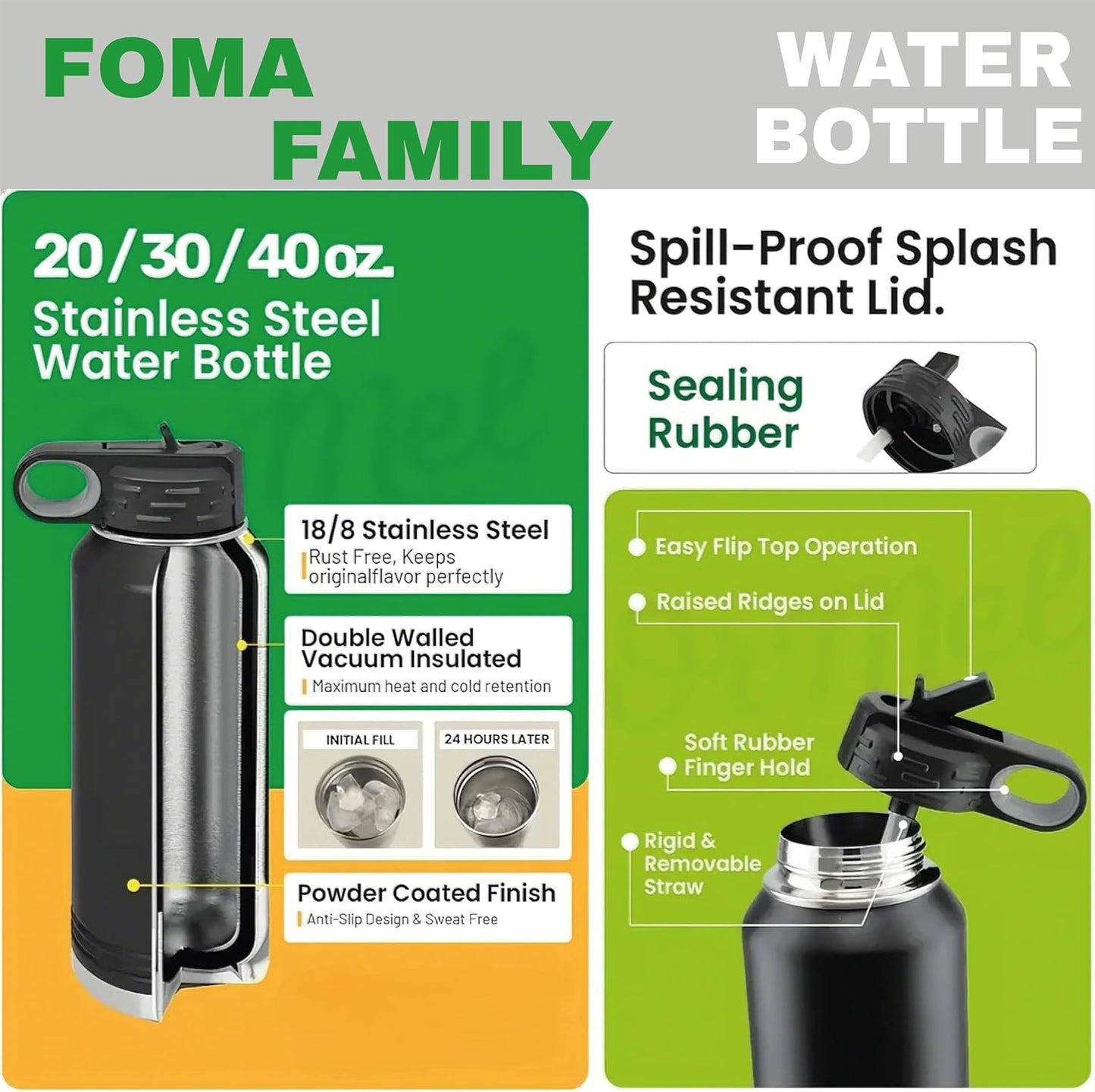 Botella agua acero inox doble pared 12-40oz con nombre