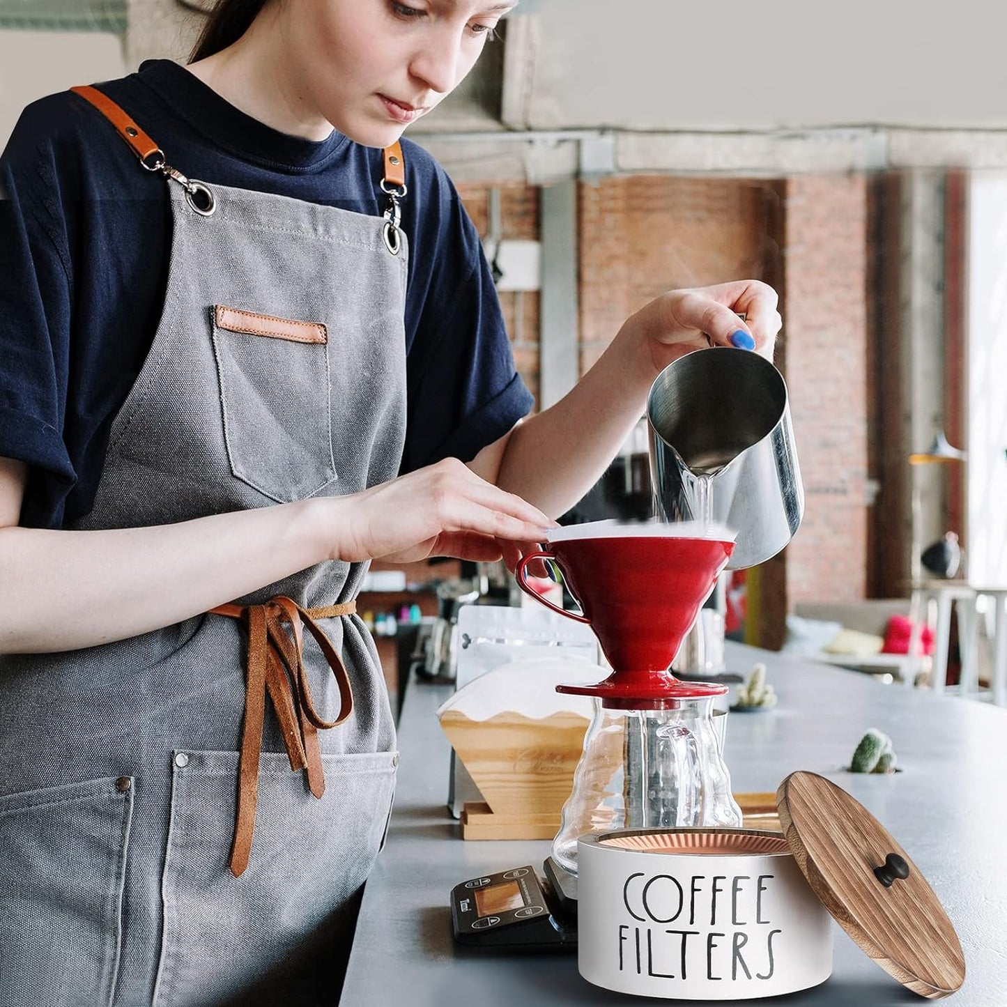 Soporte madera filtro café con tapa cesta rústica blanco