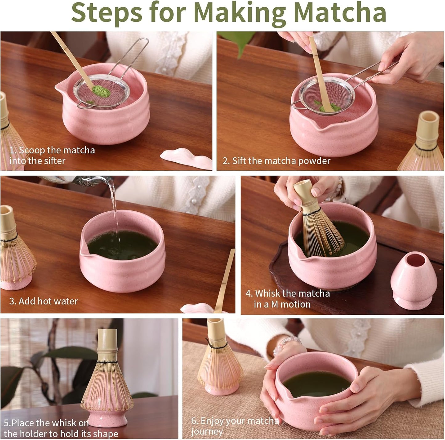 Set batidor té matcha 7 pzas bambú cerámica acero inox rosa