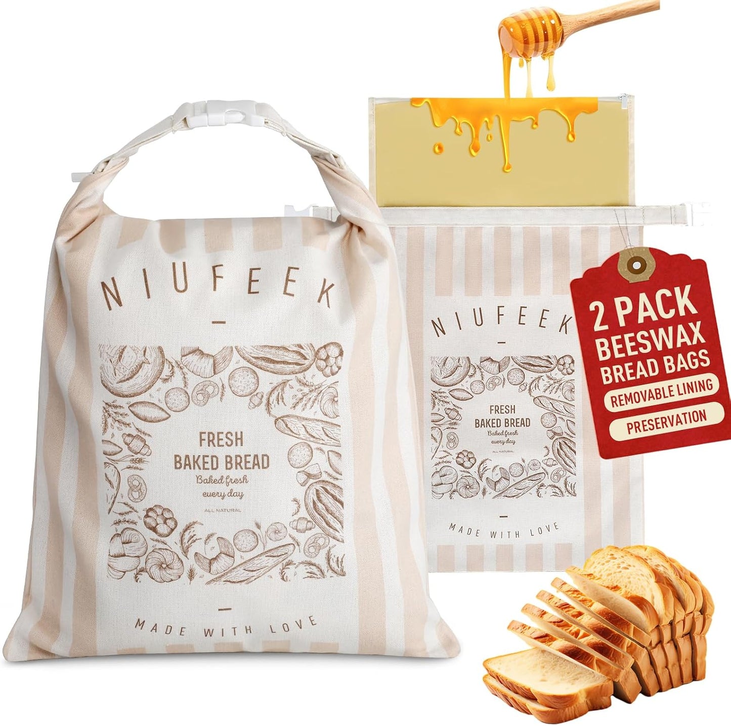 2 Pzas Bolsas Pan Reutilizables Cera Abeja Lino Algodón Cremallera