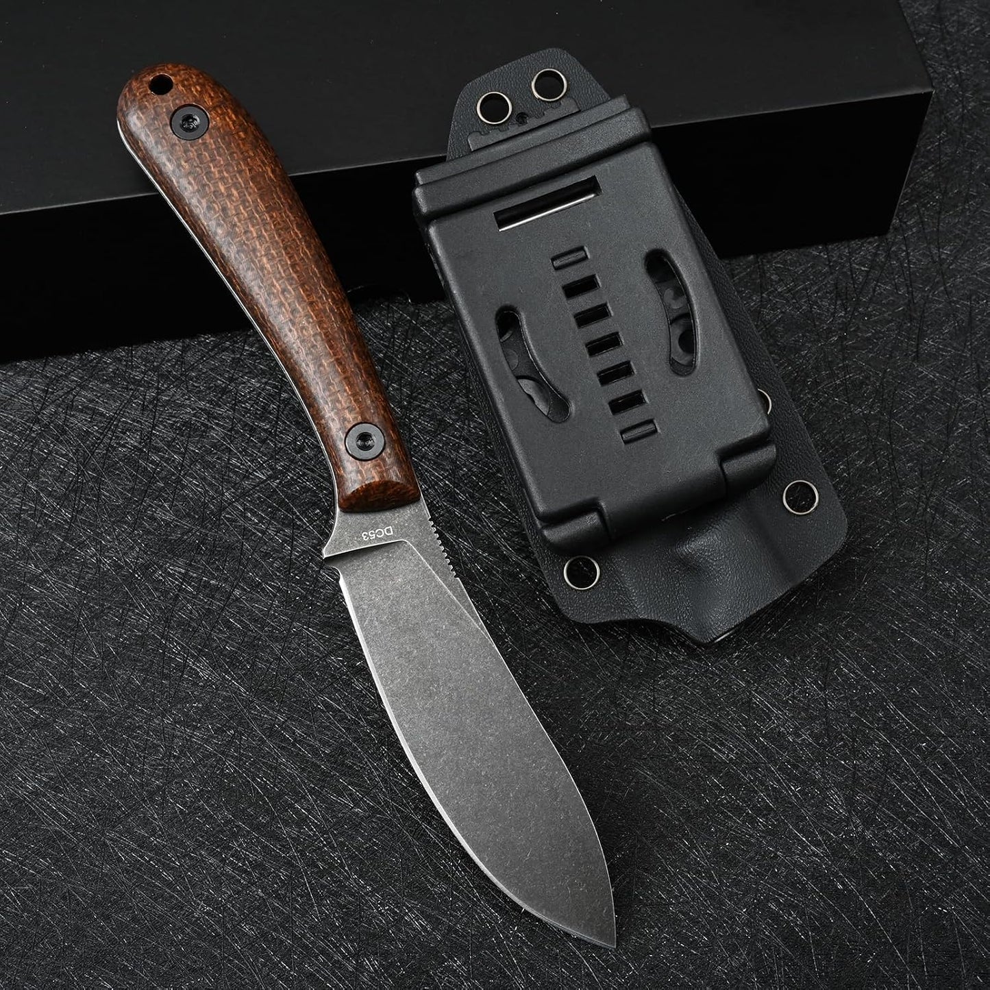 Cuchillo táctico DC53 acero micarta funda kydex EDC camping