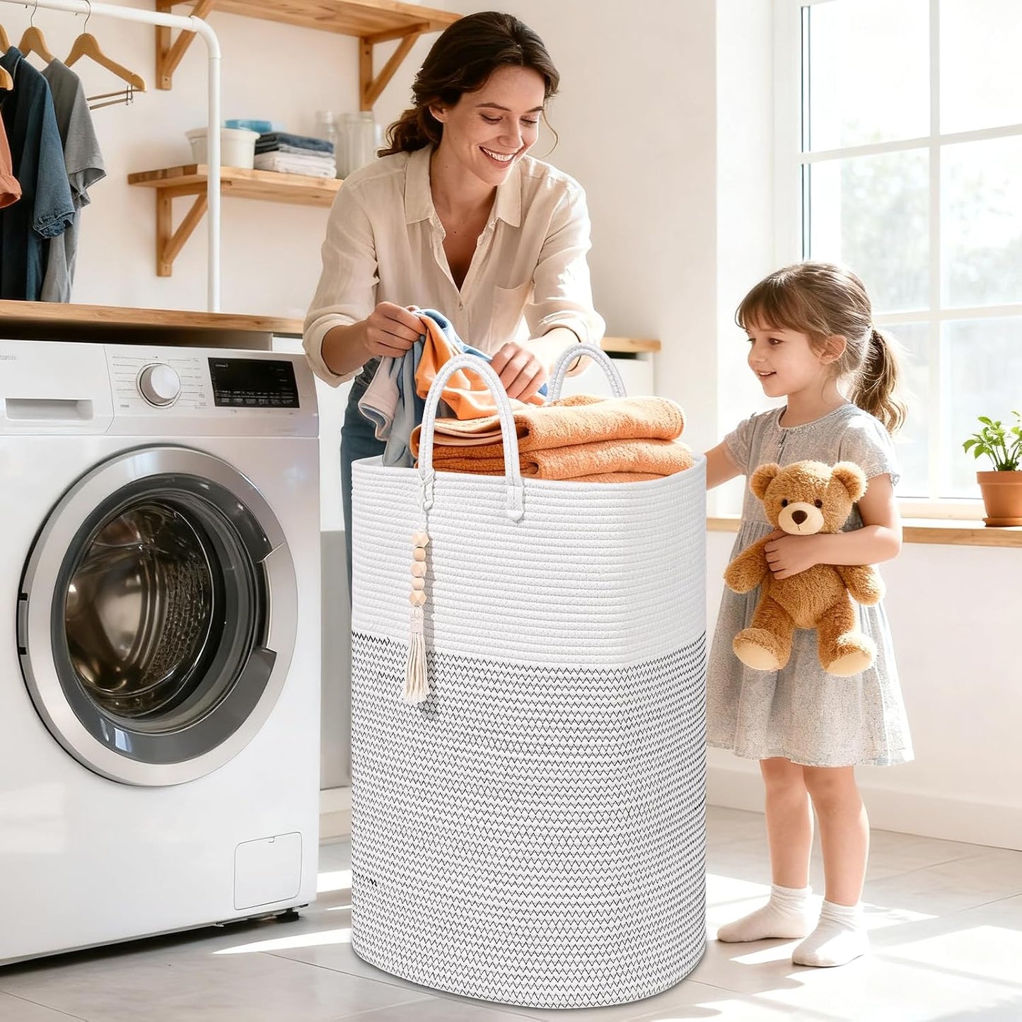 Cesta tejida para ropa y juguetes 100L con borla