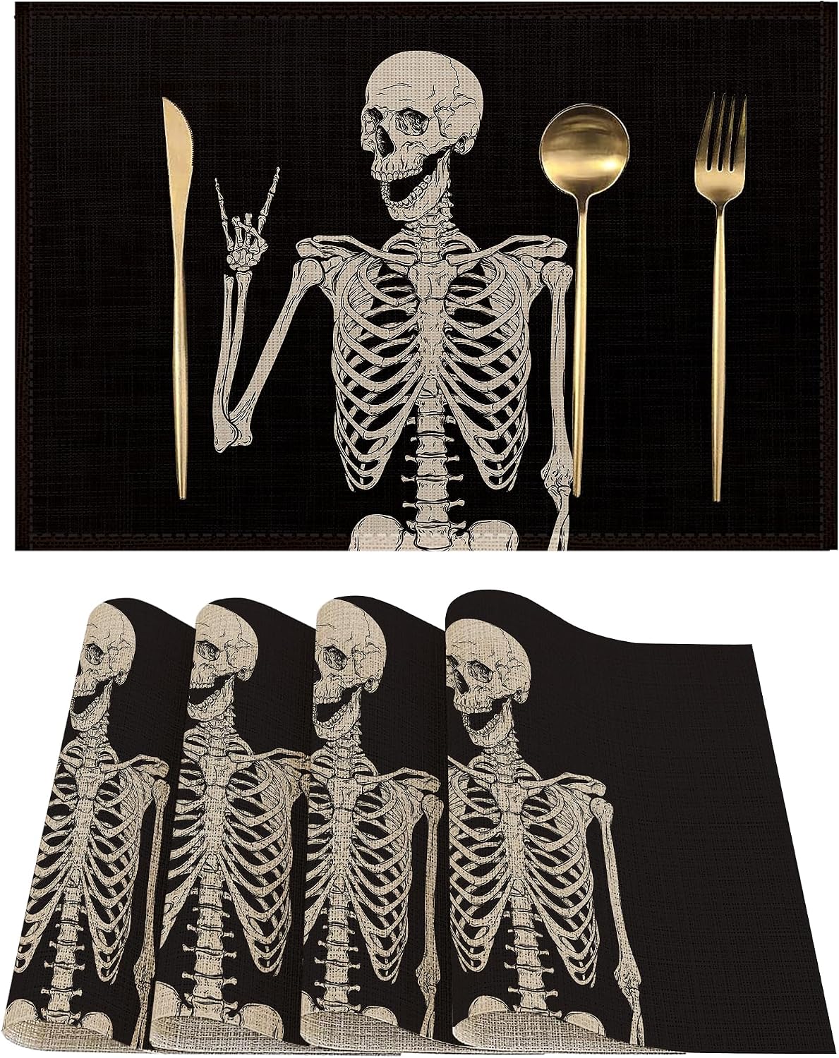 4 Manteles Lino Calavera 12x18pulg Antiderrap Resistentes Calor