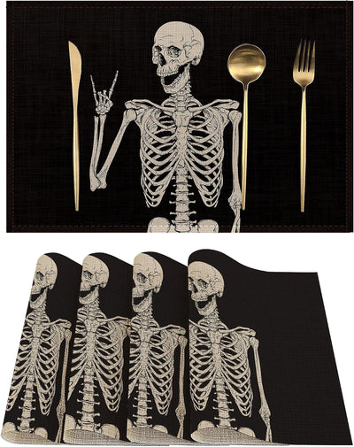 4 Manteles Lino Calavera 12x18pulg Antiderrap Resistentes Calor