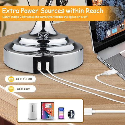 2 Lámparas Mesa Modernas 24.5" Plateado con Puertos USB