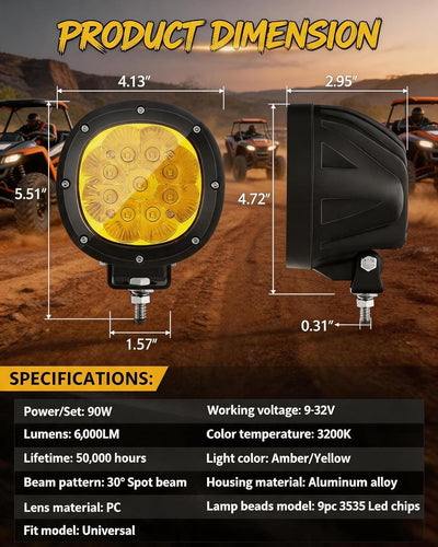 2 Luces antiniebla LED ámbar 4" 90W 9000lm para camión SUV