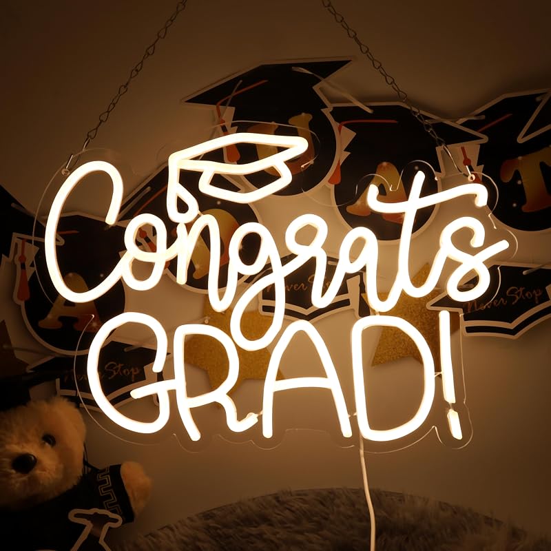 Letrero neón USB Congrats Grad luz LED blanca cálida ajustable