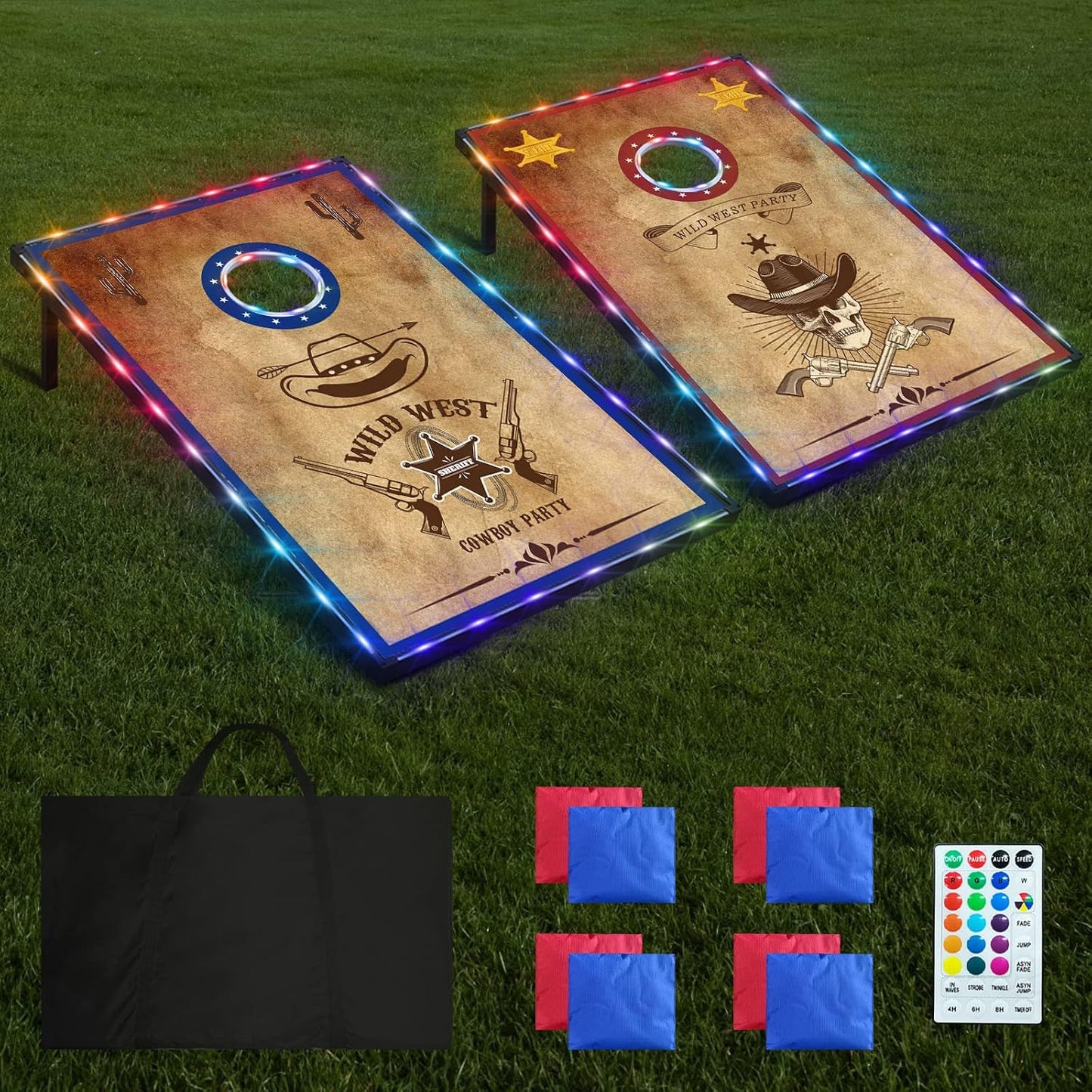 Set cornhole LED 4x2pies 8 bolsas frijoles patio