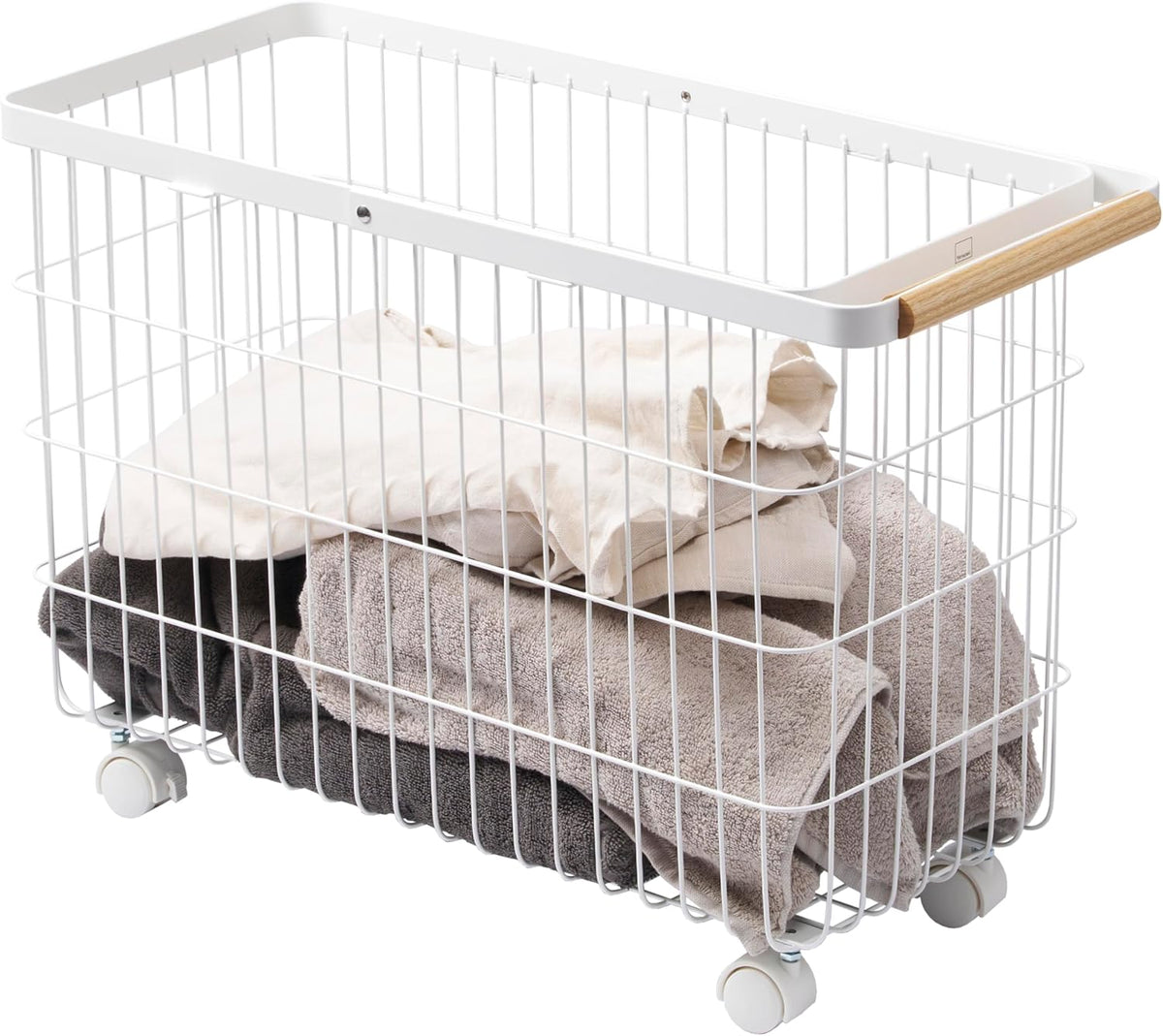 Cesta lavandería compacta con ruedas acero madera 15pulg