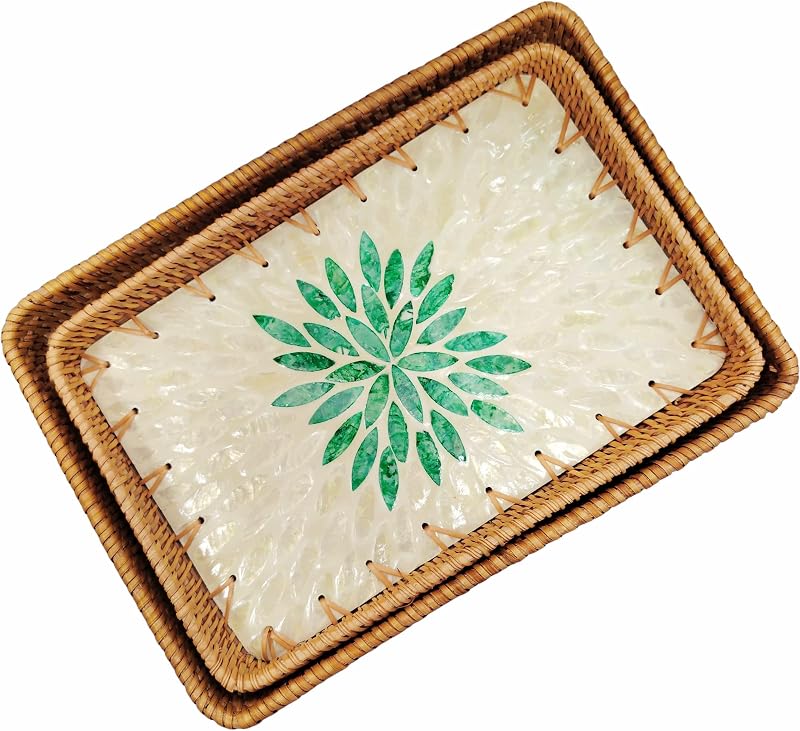 2 Pzas Bandejas Madera Rattán Patrón Hoja para Mesa y Suelo