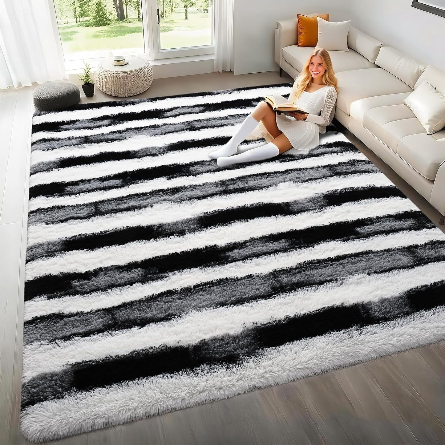 Alfombras rayas peludas 5x7ft antiderrap sala dormitorio
