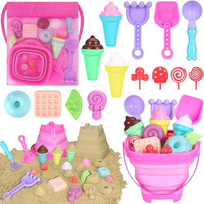 Set juguetes playa plegables con cubo arena palas bolsa