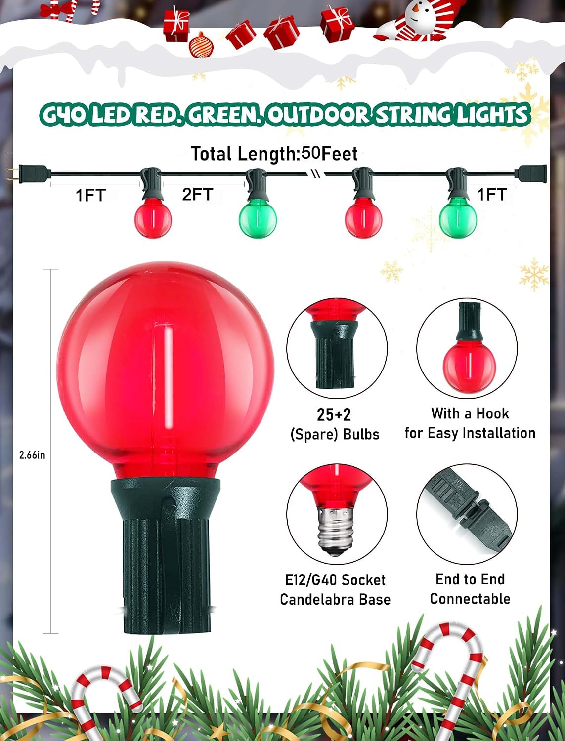 Cadena luces LED G40 Navidad 50ft 27 bombillas rojo verde