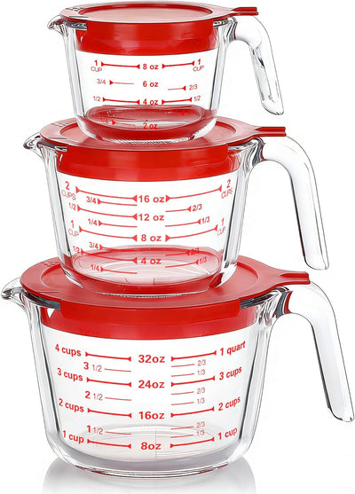 6 Tazas Vidrio Medidoras con Tapas 1-4 Tazas Asa Cocina