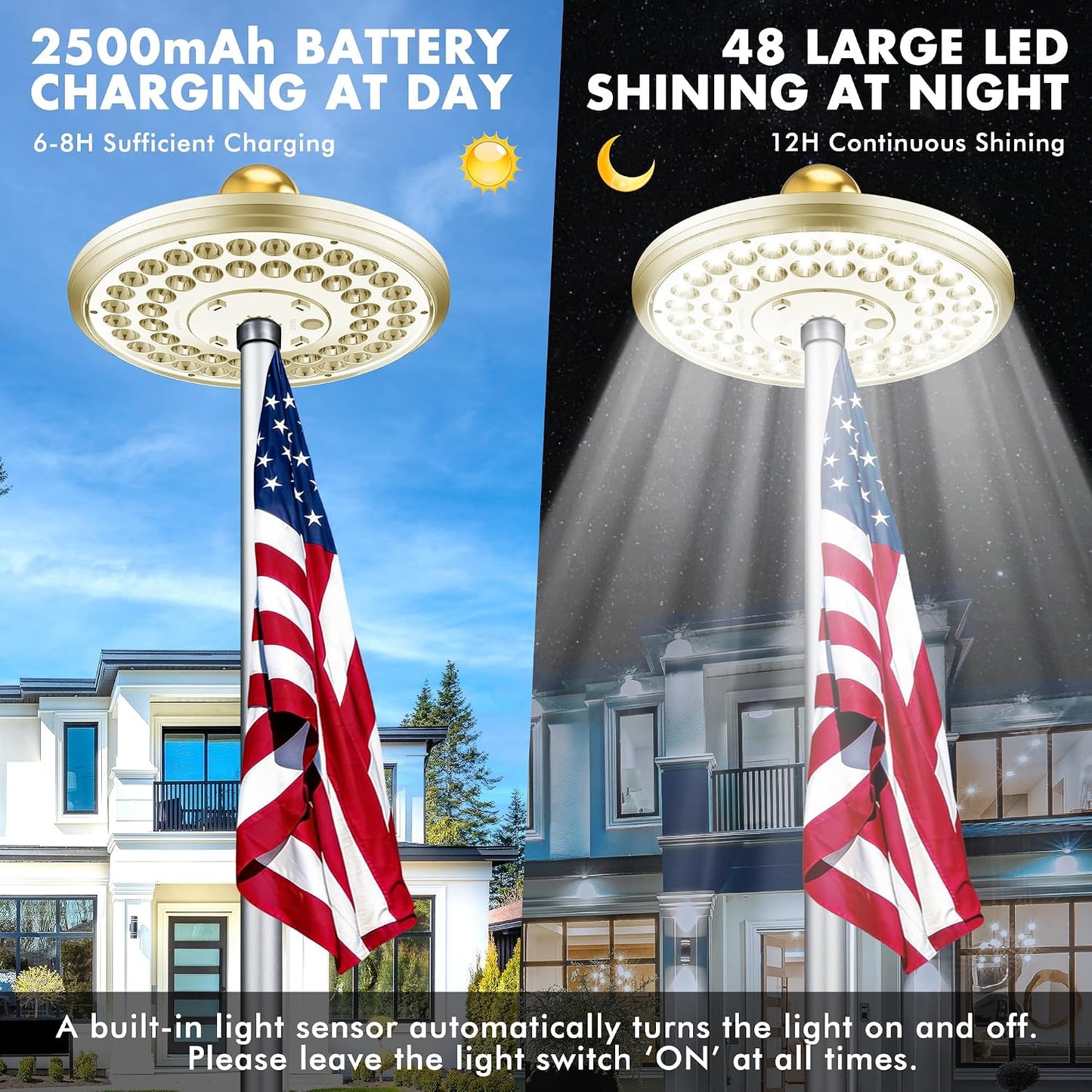 Luz solar dorada para asta bandera 48 LED 15-25 pies
