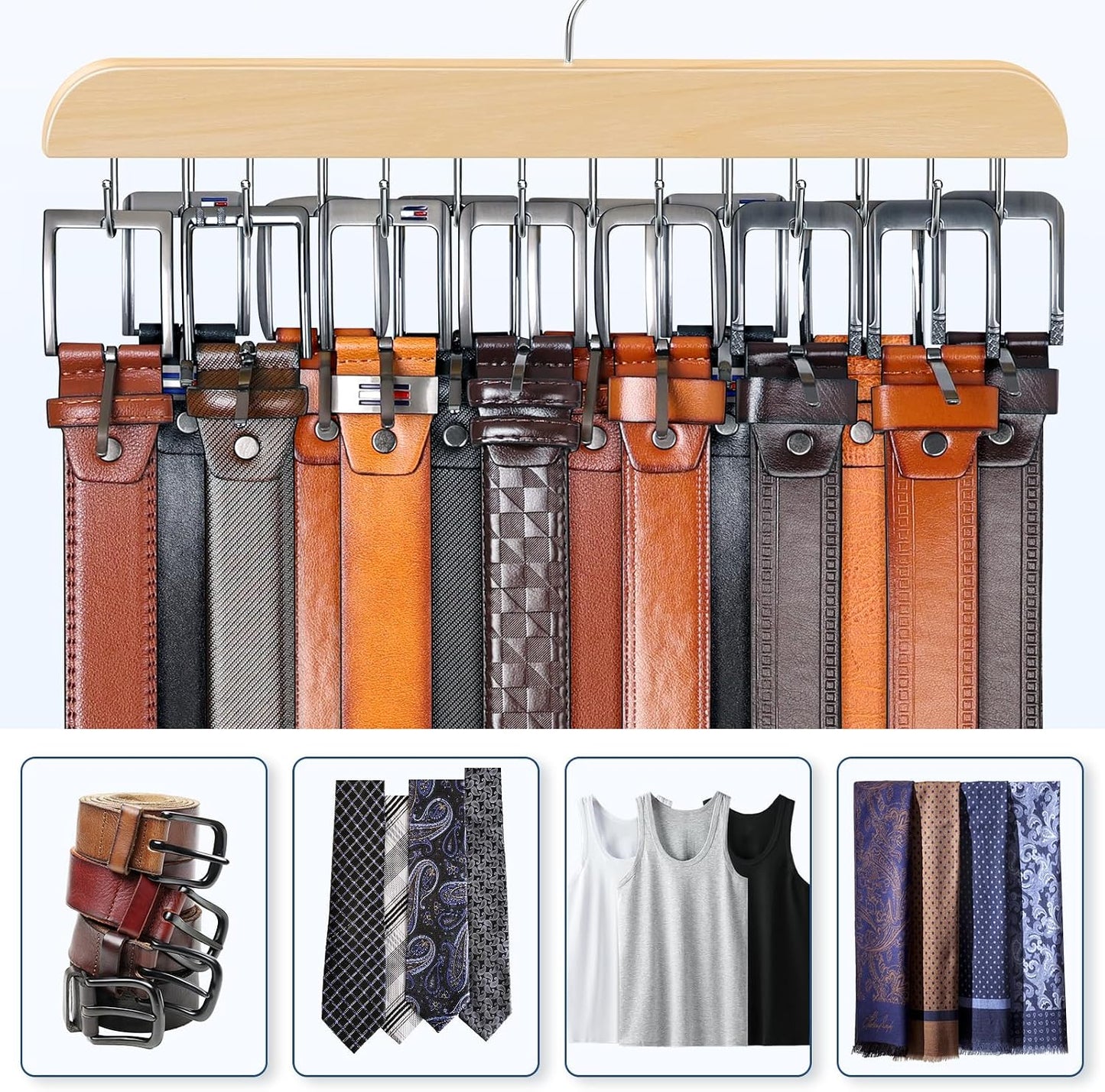 Colgador cinturones madera 14 ganchos para hombres