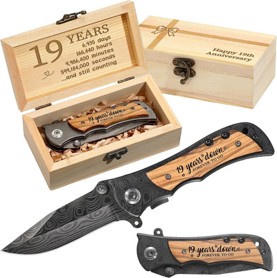 Cuchillo bolsillo grabado caja regalo aniversario 19 años