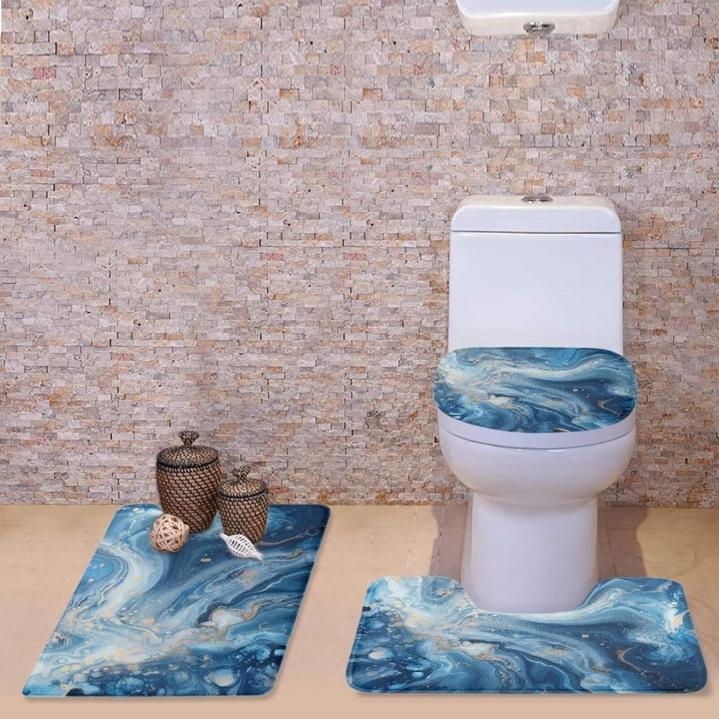 3 Alfombras Baño Estampado Mármol Azul Antiderrap