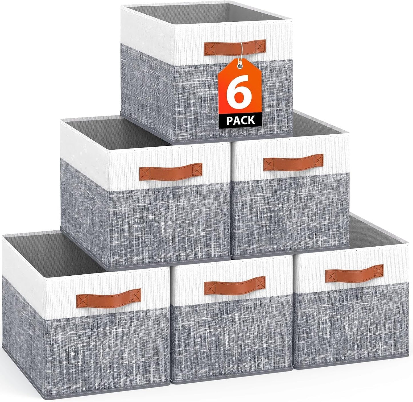 Cestas plegables tela asas cuero 14x10" set 6 blancas