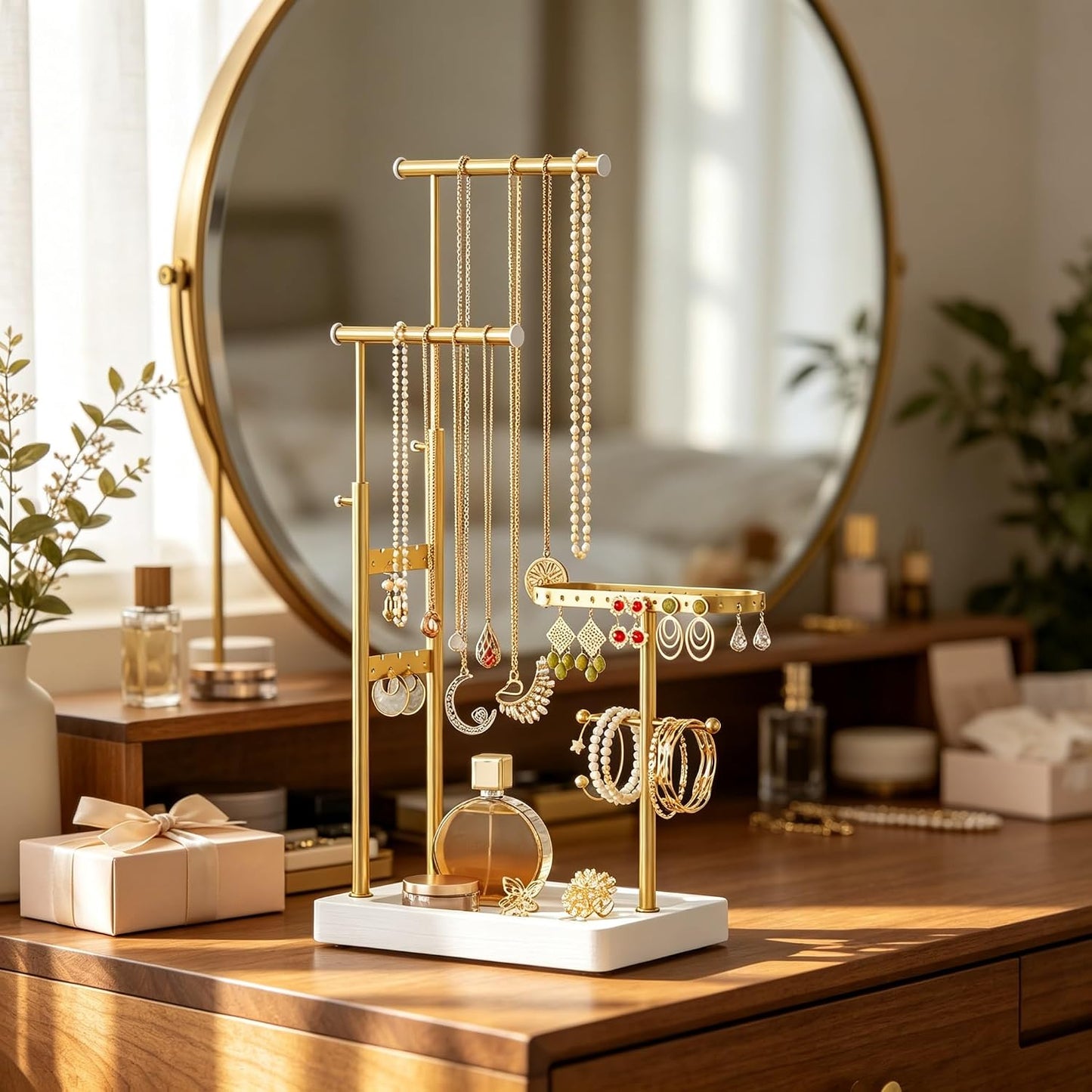 Soporte giratorio joyas ajustable blanco y dorado