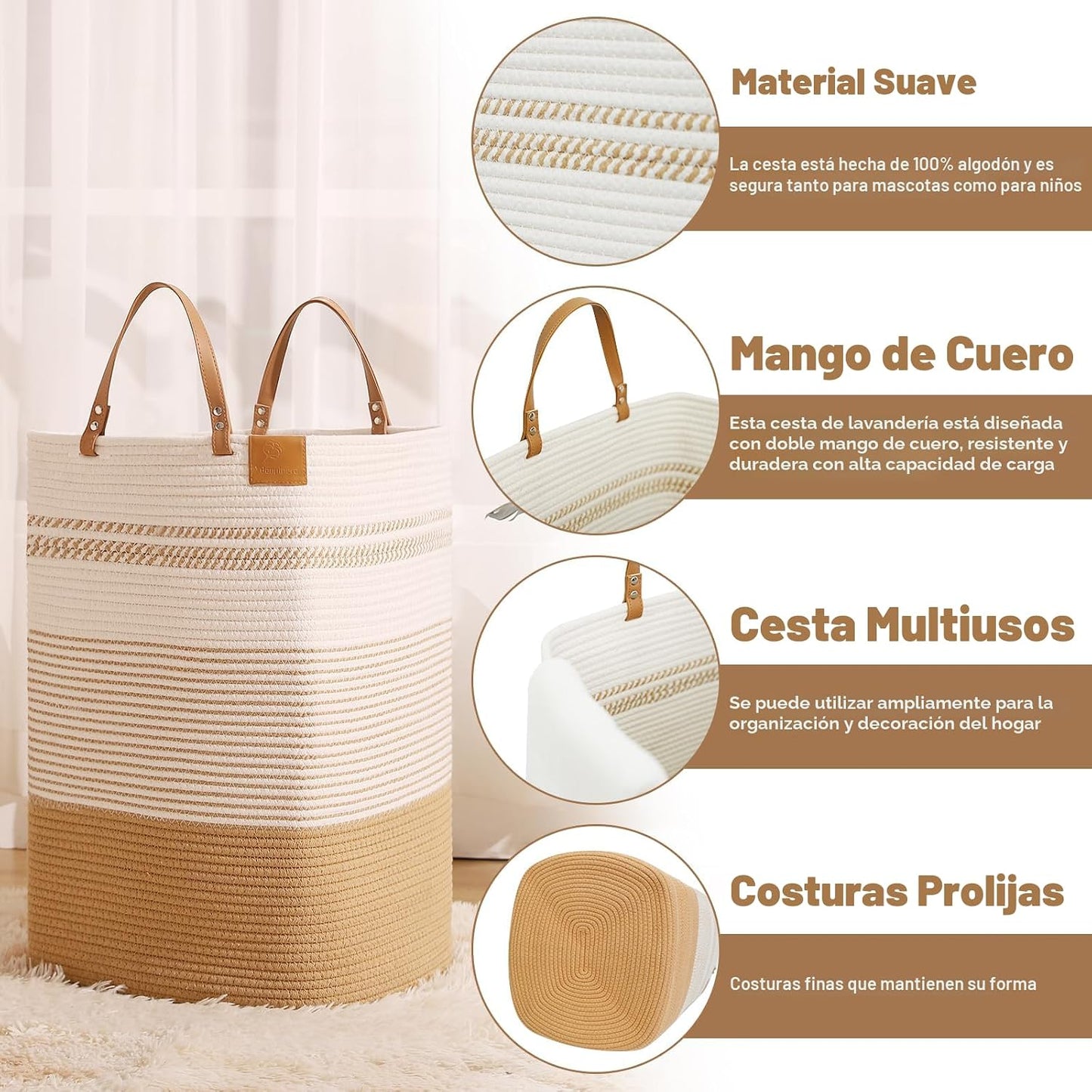 Cesta lavandería tejida algodón 75L asas cuero decorativa