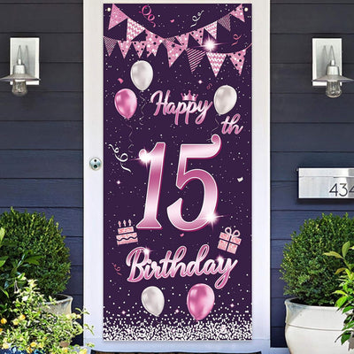 Cartel feliz cumpleaños 15 años rosa morada puerta