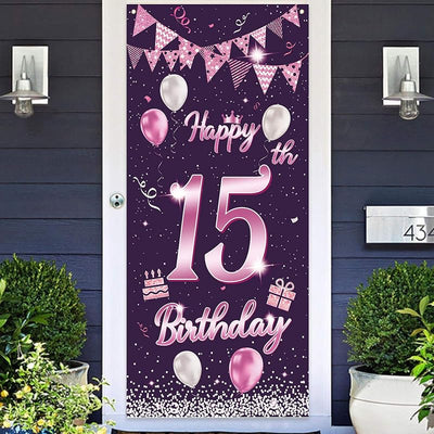 Cartel feliz cumpleaños 15 años rosa morada puerta