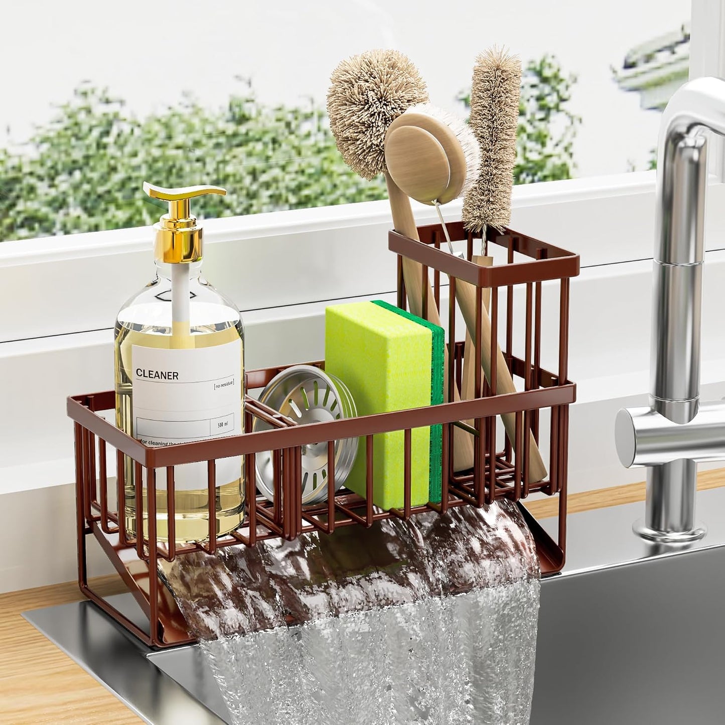 Organiz. fregadero acero inox 304 soporte cepillos marrón