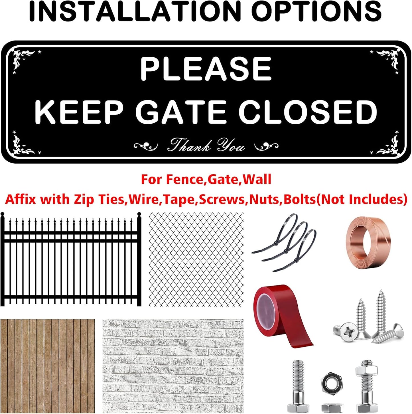 Letrero aluminio keep gate closed 9x3pulg impermeable paquete 3