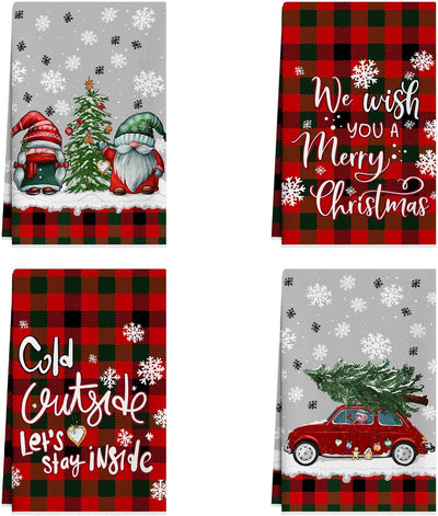 Set 4 paños cocina invierno gnomos árboles navidad 18x26pulg